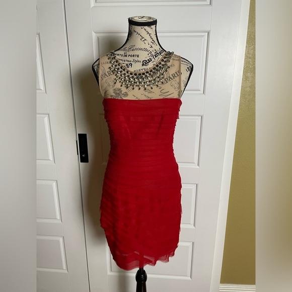 BCBG MAXAZRIA MAIA ROUGE RED COCKTAIL NUDE MESH TOP PINTUCK GEORGETTE DRESS 4 - Picture 3 of 9